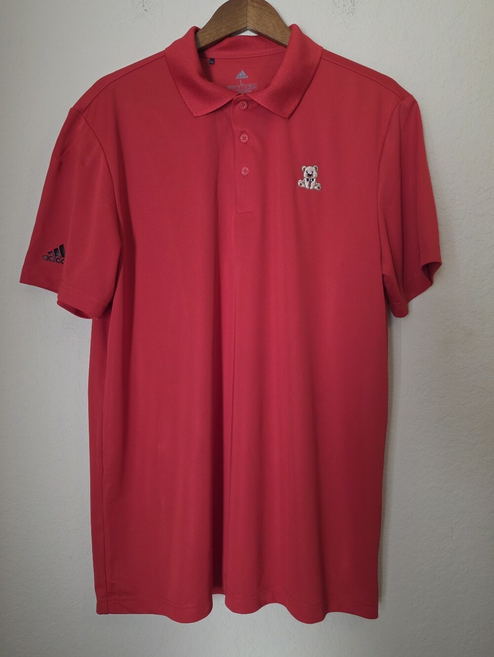 Adidas Primegreen Golf Polo Shirt Mens Large Red Embroidered Teddy Bear Logo